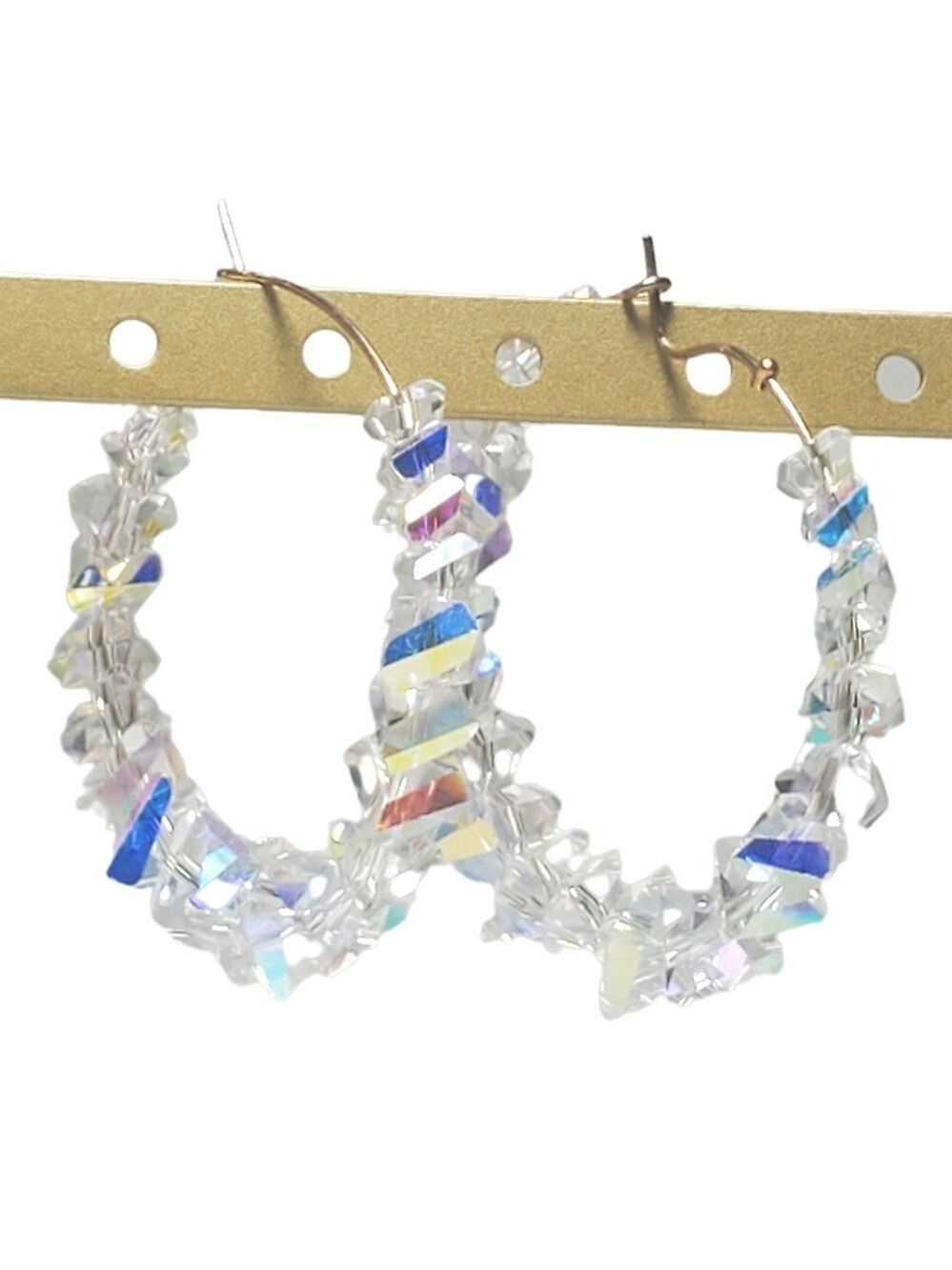 Ultra Large Iridescent Glass Crystal CLUSTER Beaded Hoop Earrings NWT